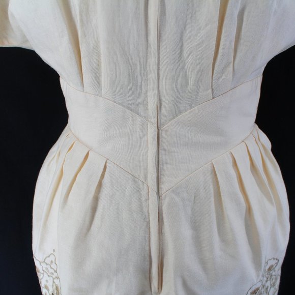 Vintage 80s Dress Ramie Cotton Lace Cutwork Embroidery Peplum Beige Midi 8 - Picture 5 of 15